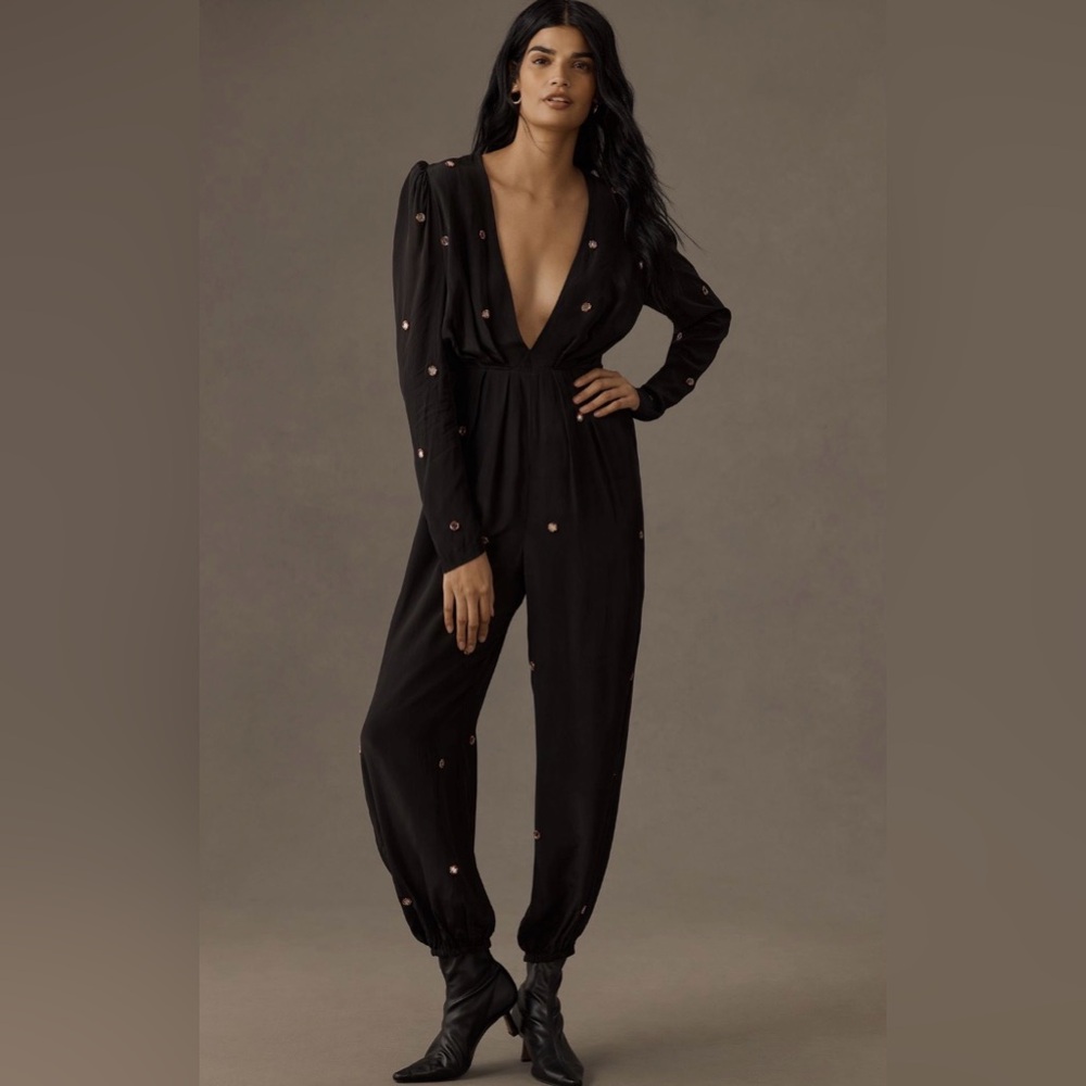 FARM Rio‎ Medium Mirror Black Embellished Long Sleeve Jumpsuit V Neck Party